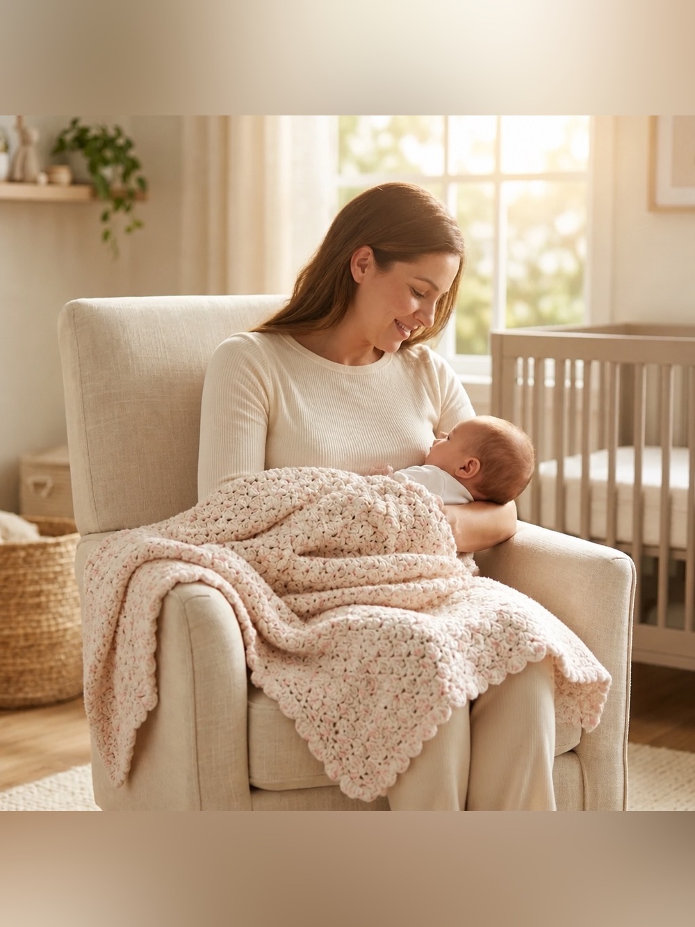 Handmade Soft Pink Crochet Baby Throw Blanket with Scalloped Edge
